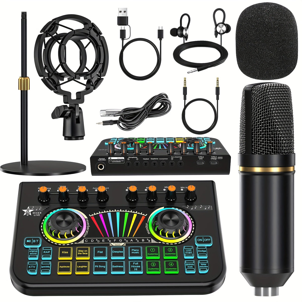 Microphone Mixer Bundle Kit for Podcast Recording Studio – Audio Mixer with Mic Stand, Sound Card, Streaming & Karaoke Setup for PC Phone Gaming