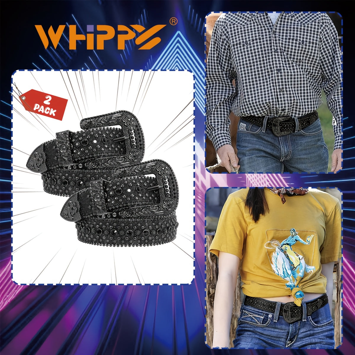 Rhinestone Belt Unisex Western Cowgirl Bling Belt – Sparkling Faux Leather Adjustable Waist Belt with Alloy Buckle for Women Men Sizes S-XL Party Festival Halloween Christmas Gift