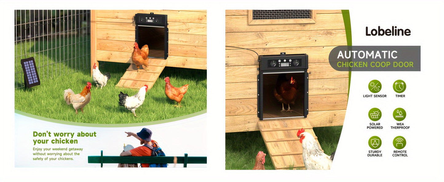 Automatic Chicken Coop Door Solar Powered with Timer & Light Sensor – Aluminum Alloy Anti-Pinch Design with 4000mAh Battery Solar Panel & Remote Control for Poultry Management