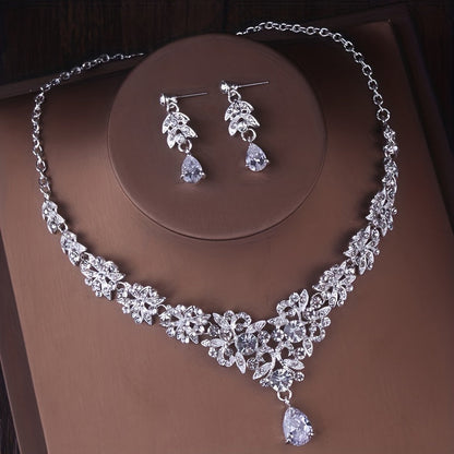 Bridal Jewelry Set 3 Pieces Silver Plated Crown Necklace & Earrings for Bride – Wedding Tiara Jewelry Set for Bridesmaid Prom Queen Birthday Banquet, June Birthstone Gift for Women
