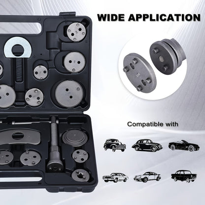 26-Piece Brake Caliper Wind Back Tool Kit with 18 Disc Adapters Thrust Bolt Assemblies Retaining Plates & Caliper Hangers – Universal Brake Caliper Compression Tool Set for Cars Trucks SUVs
