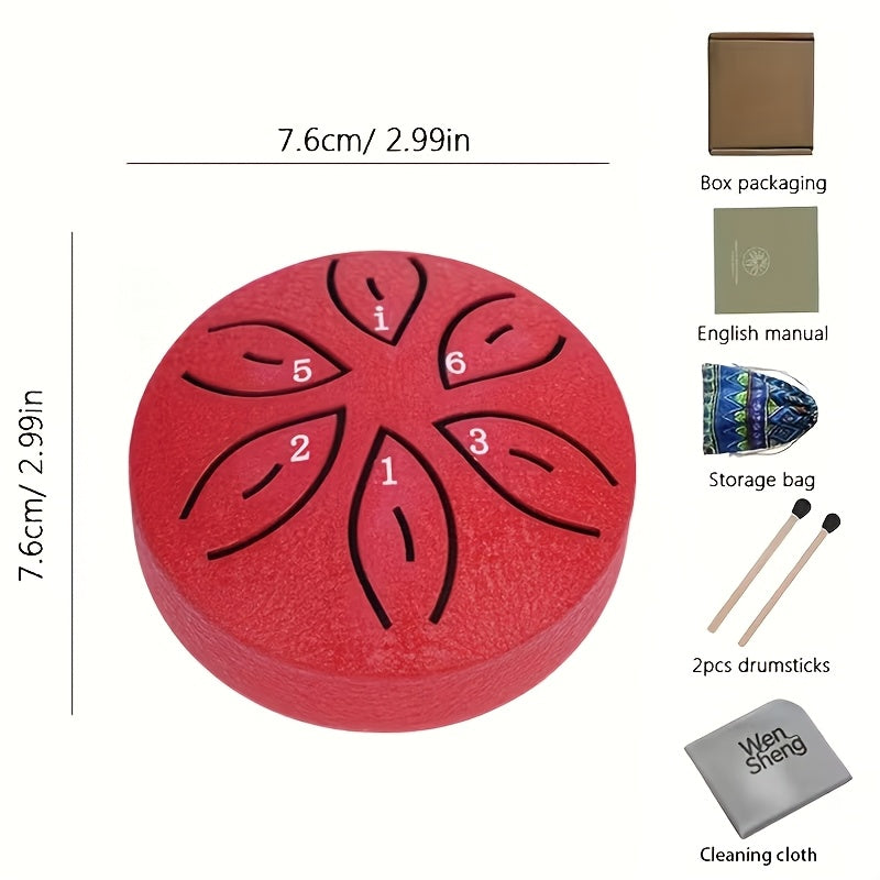 Mini Steel Tongue Drum 3 Inch 6-Tone – Beginner Handheld Carbon Steel Percussion Instrument, Includes Drumsticks, Sheet Music & Learning Guide, Perfect for Meditation, Gifts, Weddings & Holidays – Multiple Colors