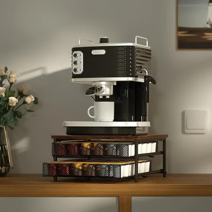 K-Cup Coffee Pod Holder Counter Storage Drawer Organizer for Keurig Nespresso Capsules Sliding Basket Double Layer 48 Pod Capacity Kitchen Countertop Coffee Station Brown