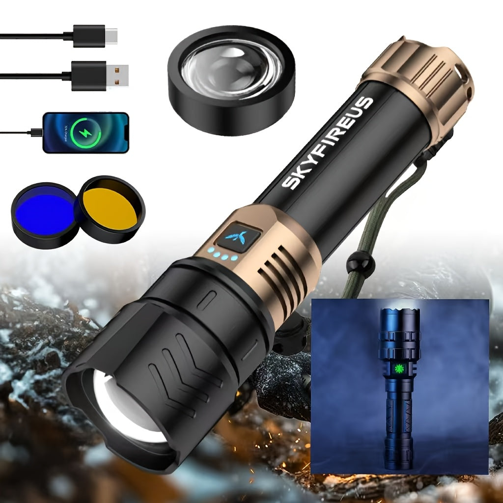 SKYFIRE 5000 Lumen LED Flashlight Rechargeable with Ignition Lens, Adjustable Focus & 4 Modes – Super Bright High Lumen Tactical Flashlight for Camping, Outdoor, Farm & Emergency Family Use