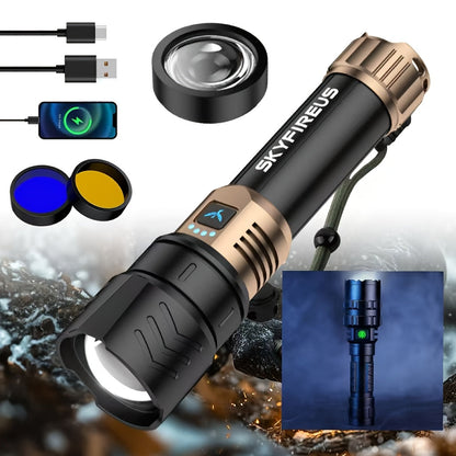 SKYFIRE 5000 Lumen LED Flashlight Rechargeable with Ignition Lens, Adjustable Focus & 4 Modes – Super Bright High Lumen Tactical Flashlight for Camping, Outdoor, Farm & Emergency Family Use