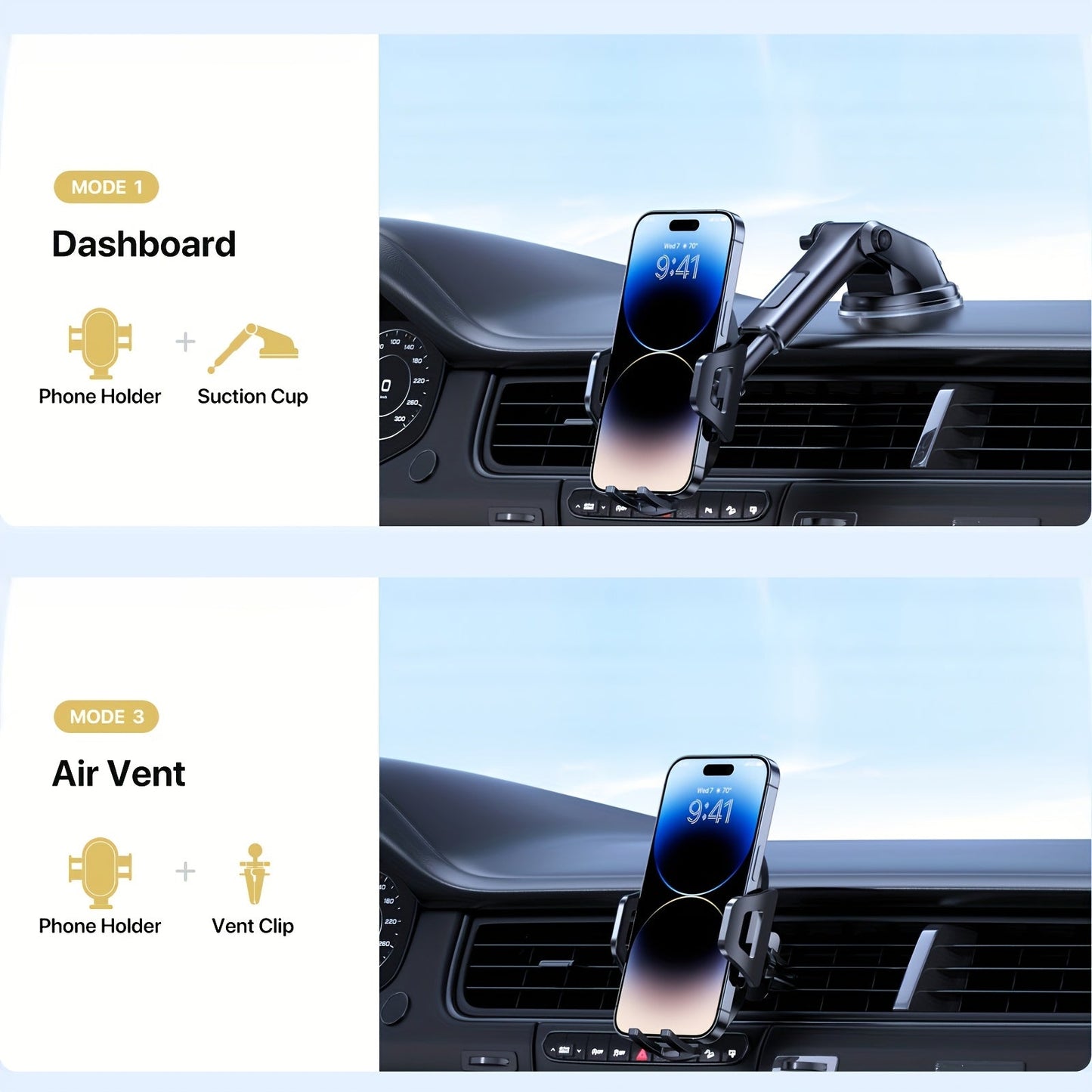 3-in-1 Car Phone Holder Suction Cup & Air Vent Mount | 360° Rotation, 6.5"-8.5" Telescopic Arm, 60LB Nano-Gel Suction, Scratch-Proof – Universal Fit for iPhone, Samsung, Google & All 4"-7.2" Phones