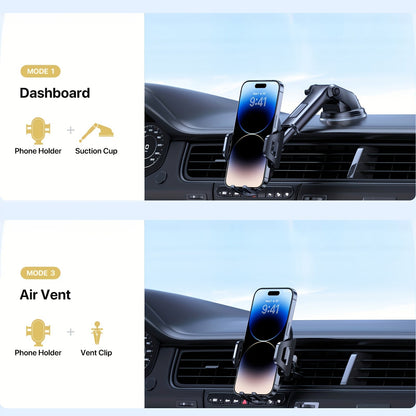 3-in-1 Car Phone Holder Suction Cup & Air Vent Mount | 360° Rotation, 6.5"-8.5" Telescopic Arm, 60LB Nano-Gel Suction, Scratch-Proof – Universal Fit for iPhone, Samsung, Google & All 4"-7.2" Phones