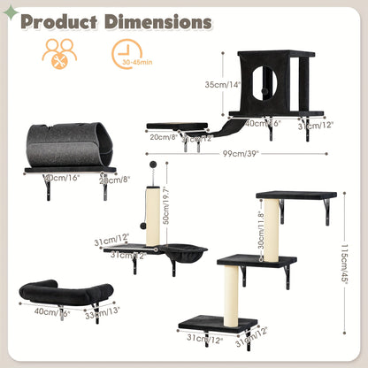 7-Piece Wall Mounted Cat Climbing Shelf Set – Deluxe Indoor Cat Furniture with Cat Condo, Wall Shelves, Scratching Post, Bridge Ladder & Tunnel, Space-Saving Cat Wall Playground for All Cat Sizes