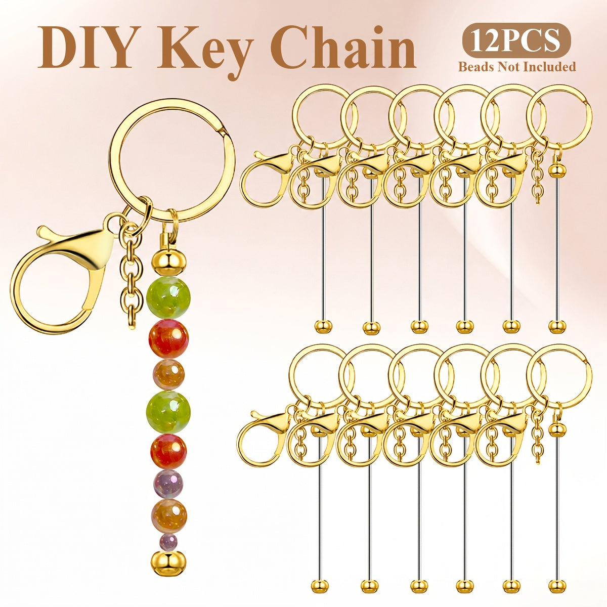 Stainless Steel Beadable Keychain Blanks DIY Kit – 12 & 24pcs Metal Keyring Pendants with Charms for Crafting, Christmas & Halloween Gifts, Gold, Silver & Rose Gold