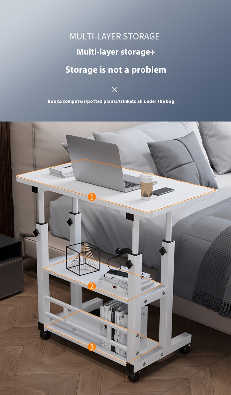 3-Tier Rolling Folding Desk with Wheels Height Adjustable Expandable Desktop Storage Shelf for Laptop Study Home Office Bedroom Living Room Computer Table