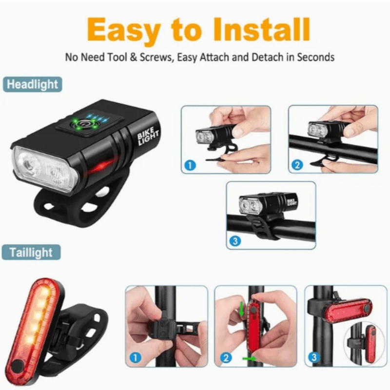 Ultra-Bright Bike Light Set USB Type-C Rechargeable – Aluminum Alloy Front Light 6 Modes & Rear Light 4 Modes, Fast Charge LED Bicycle Lights for Night Riding Camping Safety