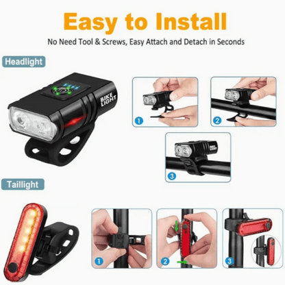 Ultra-Bright Bike Light Set USB Type-C Rechargeable – Aluminum Alloy Front Light 6 Modes & Rear Light 4 Modes, Fast Charge LED Bicycle Lights for Night Riding Camping Safety
