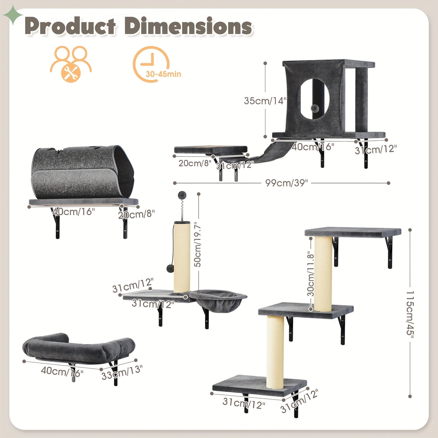7-Piece Wall Mounted Cat Climbing Shelf Set – Deluxe Indoor Cat Furniture with Cat Condo, Wall Shelves, Scratching Post, Bridge Ladder & Tunnel, Space-Saving Cat Wall Playground for All Cat Sizes