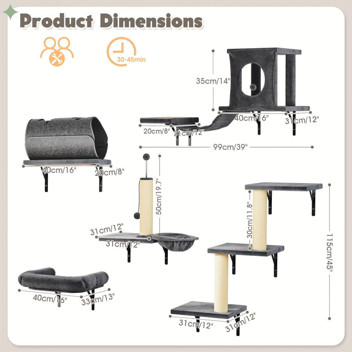 7-Piece Wall Mounted Cat Climbing Shelf Set – Deluxe Indoor Cat Furniture with Cat Condo, Wall Shelves, Scratching Post, Bridge Ladder & Tunnel, Space-Saving Cat Wall Playground for All Cat Sizes