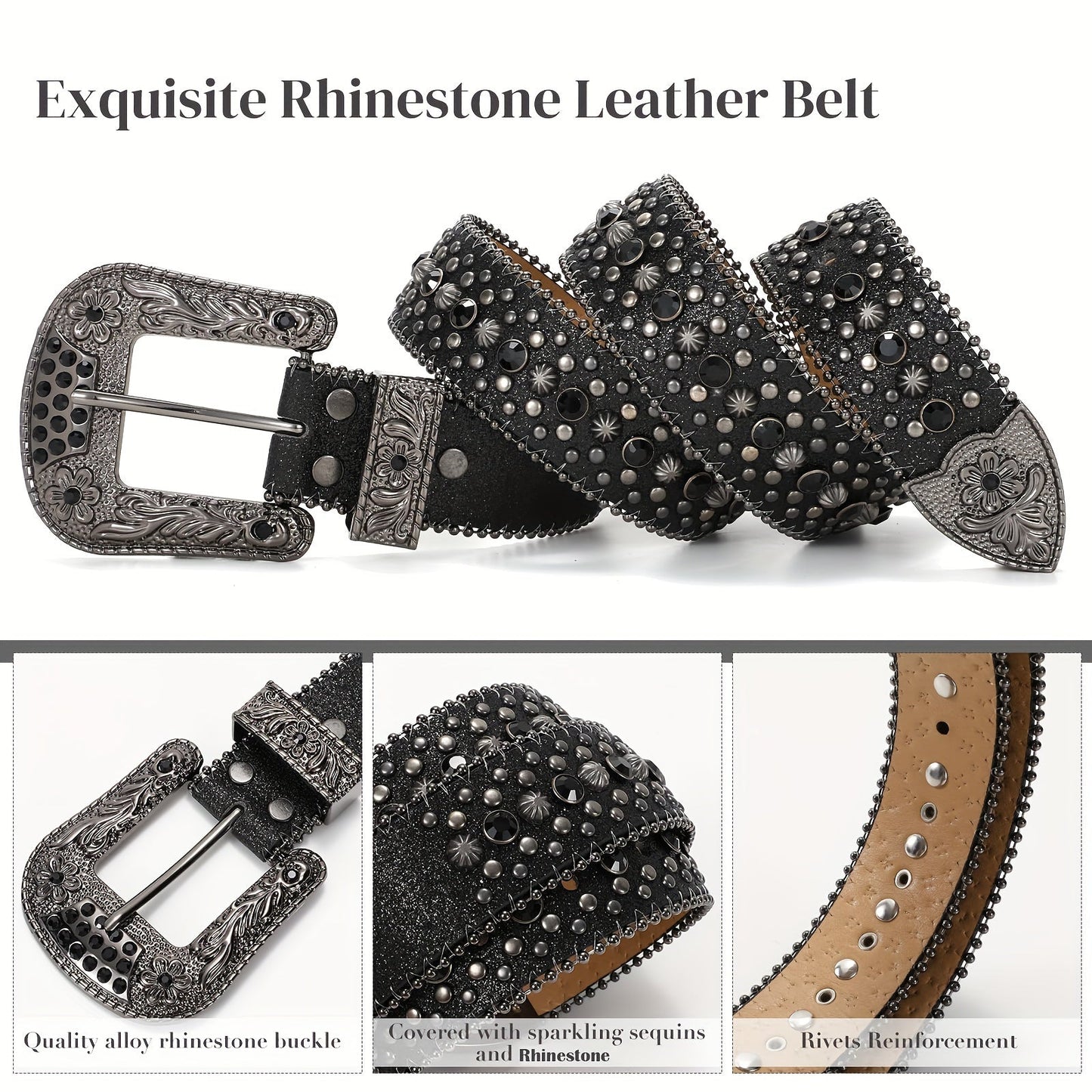 Rhinestone Belt Unisex Western Cowgirl Bling Belt – Sparkling Faux Leather Adjustable Waist Belt with Alloy Buckle for Women Men Sizes S-XL Party Festival Halloween Christmas Gift