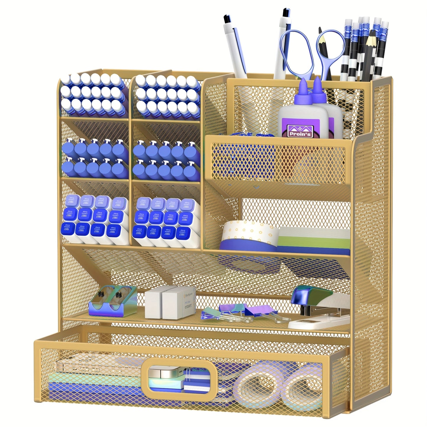 Mesh Desk Organizer with Drawer & Pen Holder – Pencil Cup Storage for Office, School & Art Studio, Breathable Mesh Design, Available in Black, Yellow & Blue
