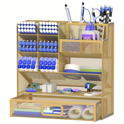 Mesh Desk Organizer with Drawer & Pen Holder – Pencil Cup Storage for Office, School & Art Studio, Breathable Mesh Design, Available in Black, Yellow & Blue