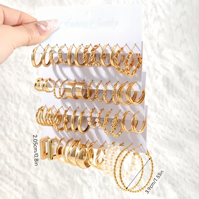 48 Piece Women's Hoop Earrings Set, Elegant Geometric & Heart Design with Faux Pearl Accents & Stainless Steel Studs for Daily Wear, Parties & Gifts