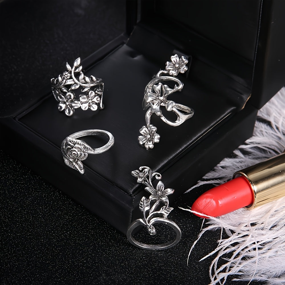 925 Sterling Silver Vintage Stackable Floral Ring Set for Women – 4 Piece Boho Stacking Rings, Elegant Minimalist Band Jewelry, Perfect Gift for Her Birthday Anniversary Christmas