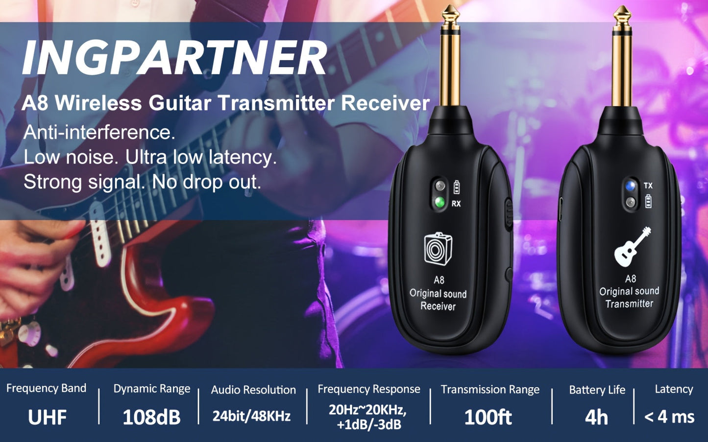 A8 Wireless Guitar System with Built-In Rechargeable Transmitter & Receiver – Stereo Audio, USB Charging, Compatible with Electric Guitar, Bass & Violin, Works with Amplifiers