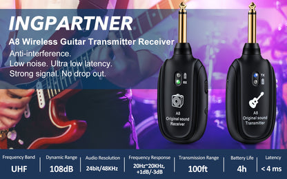 A8 Wireless Guitar System with Built-In Rechargeable Transmitter & Receiver – Stereo Audio, USB Charging, Compatible with Electric Guitar, Bass & Violin, Works with Amplifiers