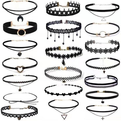 20pcs Velvet Gothic Choker Necklace Set for Women – Y2K Black Lace Tattoo Style with Heart, Moon, Cross & Pendant Designs, Trendy Collar Clavicle Chain Jewelry Gift for Party, Festival & Daily Wear