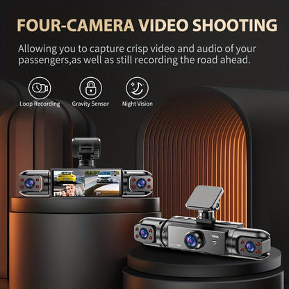 360° Panoramic Dash Cam 3/4 Lens 1080P HD with Quad-Split Screen, HD Night Vision, WDR & G-Sensor – Full Coverage Front, Rear, Left & Right Loop Recording – Rideshare & Fleet Ready – Velora
