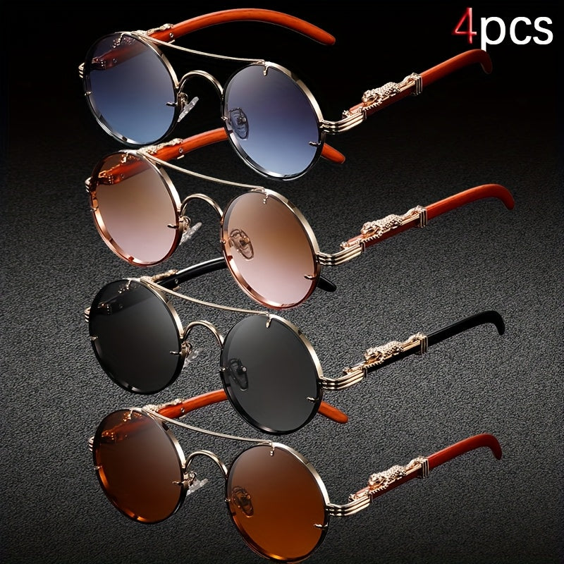 4PCS Punk Rock Round Glasses with Leopard Print Hinges & Tortoiseshell Accents – Retro Metal Frame PC Lenses, Unisex Fashion Eyewear for Parties, Photos & Casual Wear