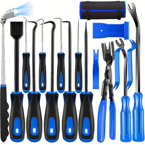 17Pcs Auto Trim Removal Tool Kit with Picks, Pry Tools, Metal Scraper & Magnetic Telescopic Pickup - Car Dash Panel Door Clip Remover Set, Bicycle Maintenance Tools