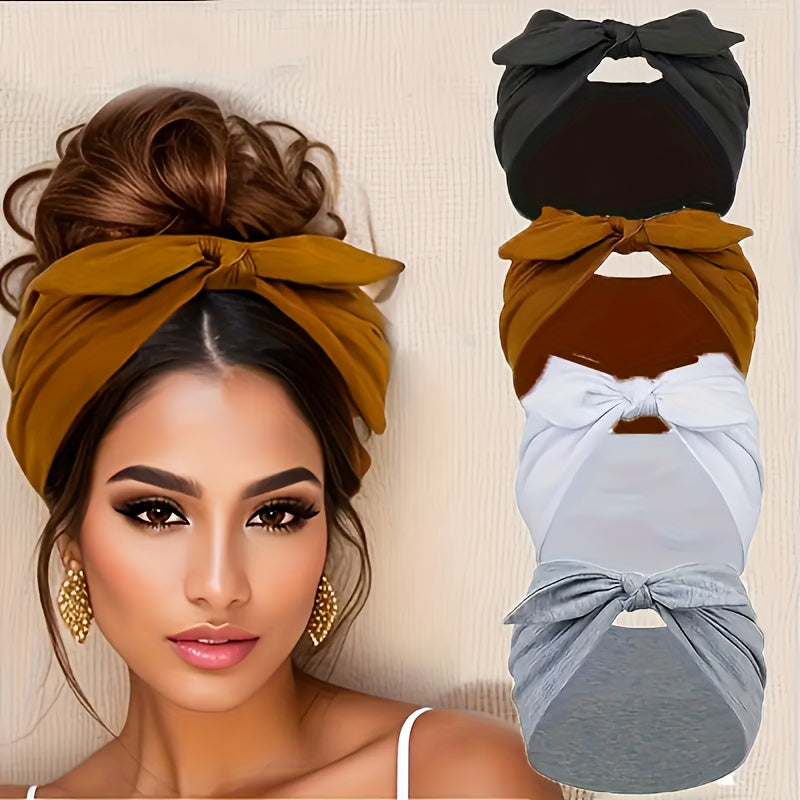 4-Pack Wide Rabbit Ear Bow Headbands for Women – Non-Slip Elastic Satin Sports Yoga Gym Hair Wrap, Soft Thick Turban Hairband Gift Set