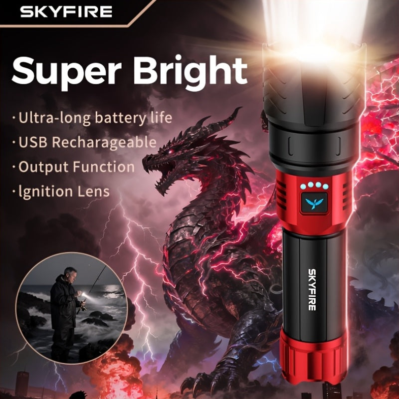 SKYFIRE 5000 Lumen LED Flashlight Rechargeable with Ignition Lens, Adjustable Focus & 4 Modes – Super Bright High Lumen Tactical Flashlight for Camping, Outdoor, Farm & Emergency Family Use