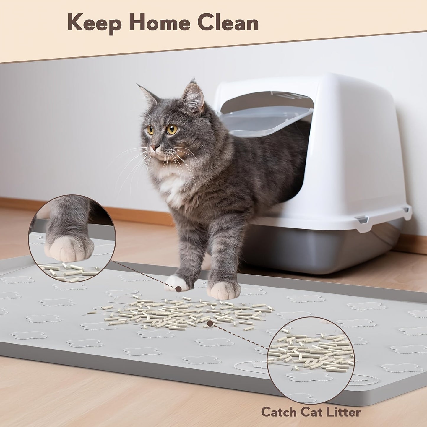 XXL Silicone Cat Litter Mat 3-in-1 – Washable Non-Slip Floor Protector with Raised Edges, Traps Litter, Kibble & Crumbs, Foldable Pet Feeding Mat for Cats, 34x22 Inch, Light Grey & Dark Gray