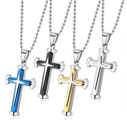 Men's 4pc Cross Necklace Set – 316L Stainless Steel Knight Cross Pendant Jewelry, Tarnish-Free Gothic Religious Necklaces for Men, Cool Gift for Him, Everyday & Streetwear Style