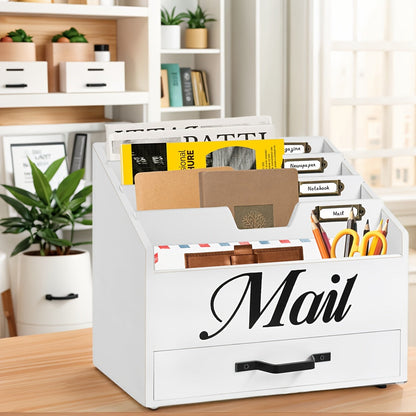 Large Solid Wood Desktop Mail Organizer with Drawer and 4 Compartments Labelable Dividers for Files Letters Paper Folders Desk Organizer for Home Office Students and Professionals