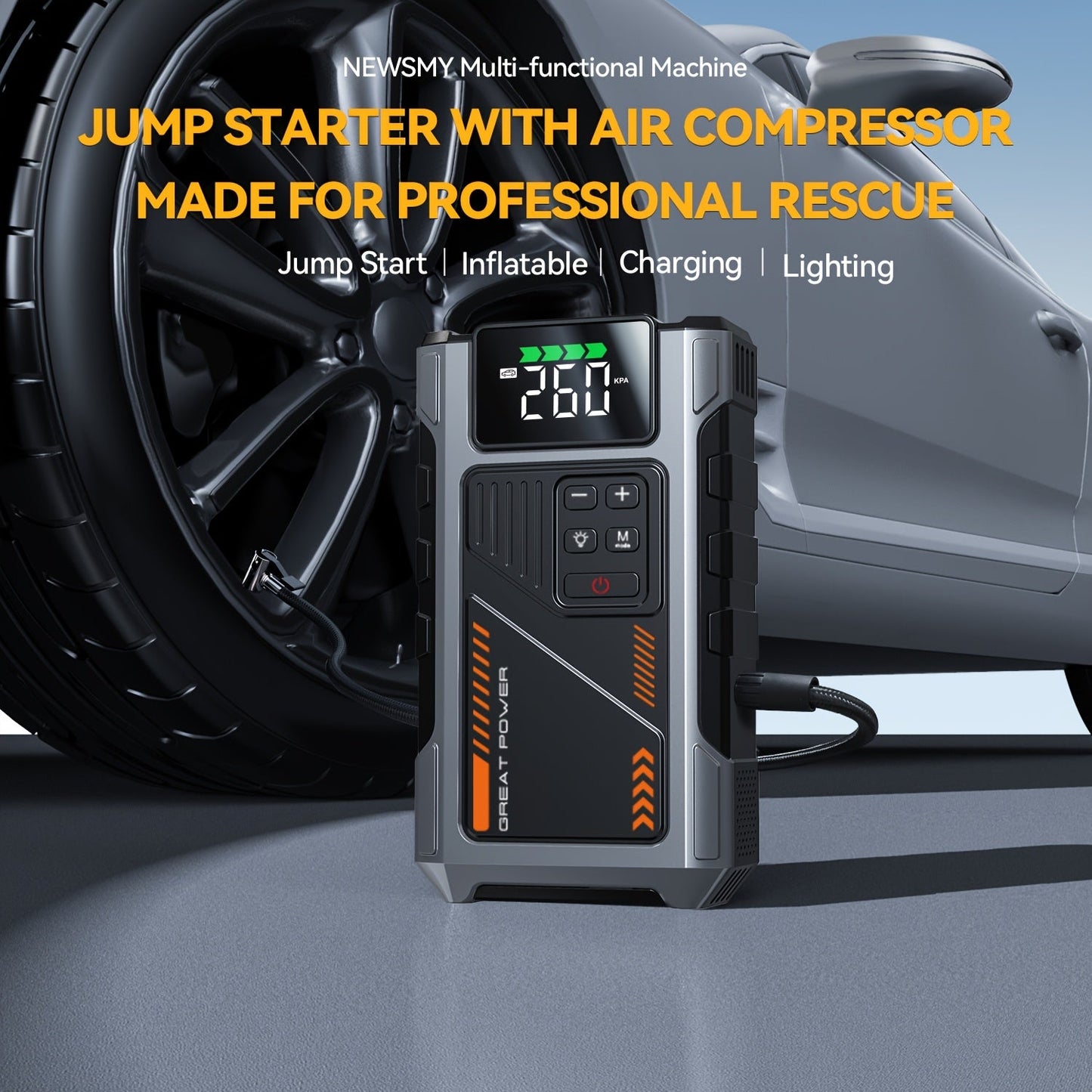 Portable Car Jump Starter 12V Battery Booster Pack with Optional Air Compressor - Emergency Battery Jump Start for Gasoline & Diesel Engines, Compatible with Sedans, SUVs, Trucks & Lawn Mowers