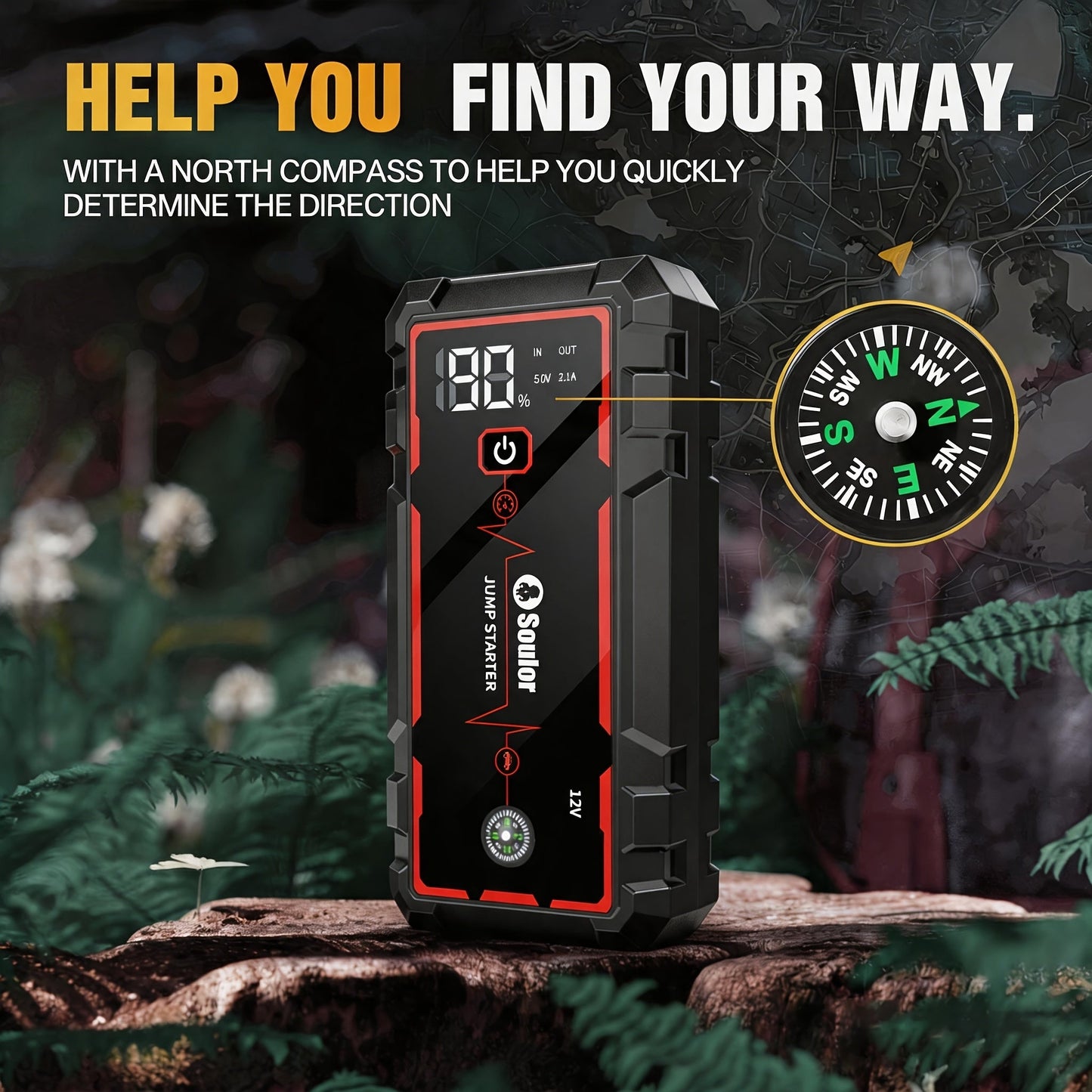 Portable Car Jump Starter 3000A-6000A – 12V Lithium Battery Booster Pack, Dual USB QC 3.0 Fast Charging Power Bank, LED Light & Compass, Fits All Gas Engines