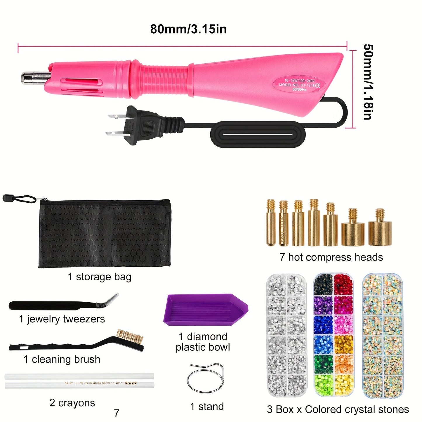 Hotfix Rhinestone Applicator Kit Complete Bedazzling Set with Wand 7 Tips Multi-Color Crystal Stones Tweezers Wax Pens & Storage Bag - DIY Bling Tool for Clothing Fabric Leather Crafts
