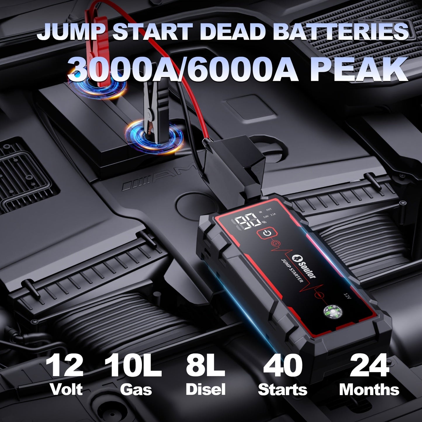 Portable Car Jump Starter 3000A-6000A – 12V Lithium Battery Booster Pack, Dual USB QC 3.0 Fast Charging Power Bank, LED Light & Compass, Fits All Gas Engines