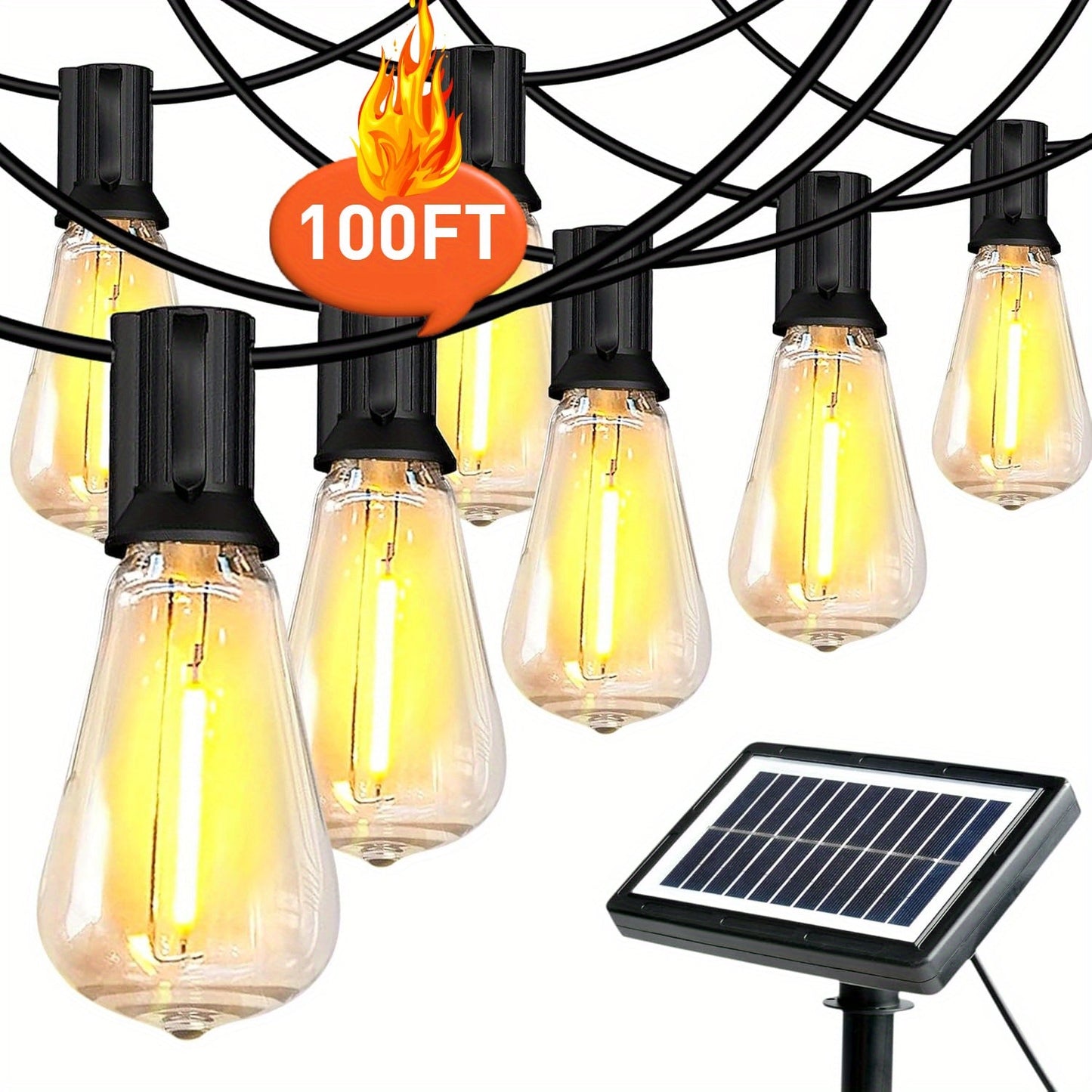 Solar LED String Lights Outdoor Waterproof 50FT & 100FT – ST38 Shatterproof Dimmable Bulbs, USB-C & Solar Powered, 4 Modes, for Patio Yard Pool Garden Wedding Camping Christmas Decor