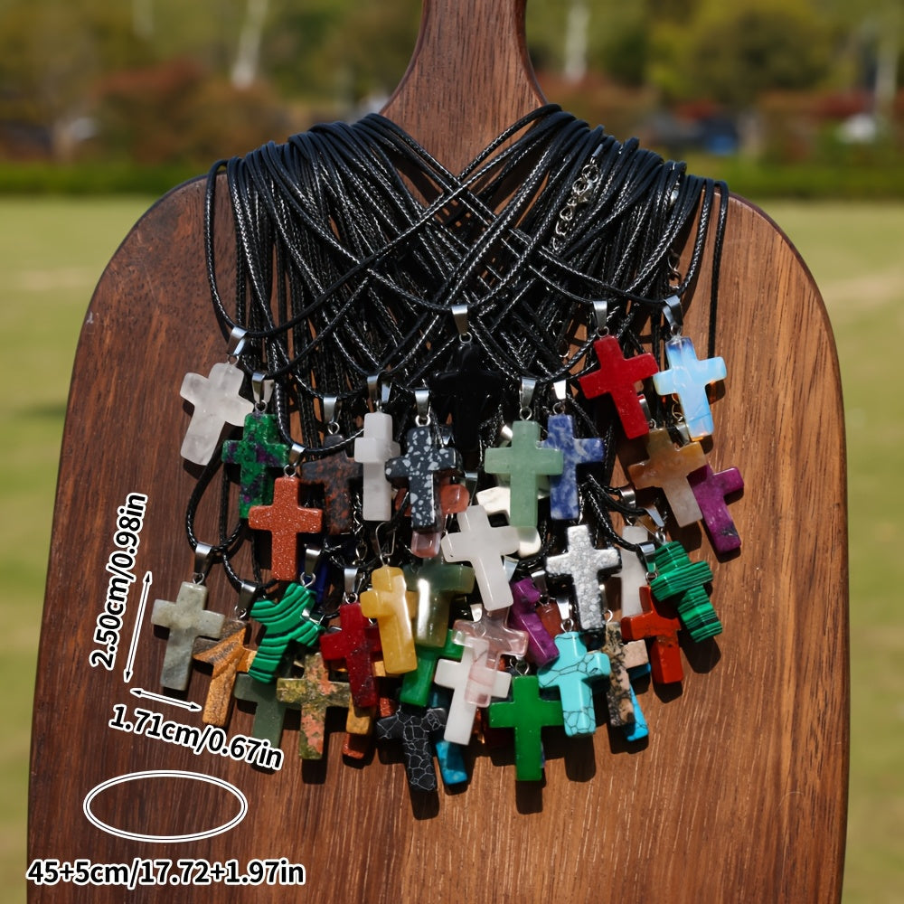 40pcs Natural Stone Cross Pendant & Necklace DIY Kit – 20 Quartz Imitation Gem Cross Pendants + 20 Adjustable Black Faux Leather Necklaces, Bulk Jewelry Making Supplies for Teens Women Bracelets Earrings Crafts