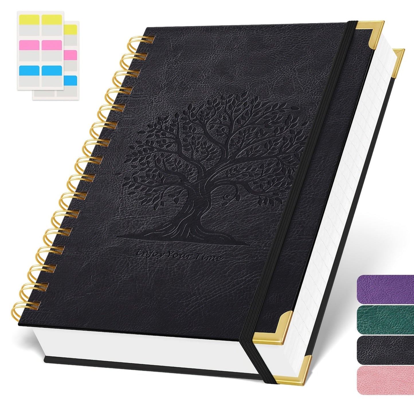 A5 Spiral Notebook Hardcover 300 Pages – Thick 100GSM No Bleed-Through Paper, Leather Cover Journal for College, Work & Writing – For Men & Women (Pink, Black, Green, Purple)