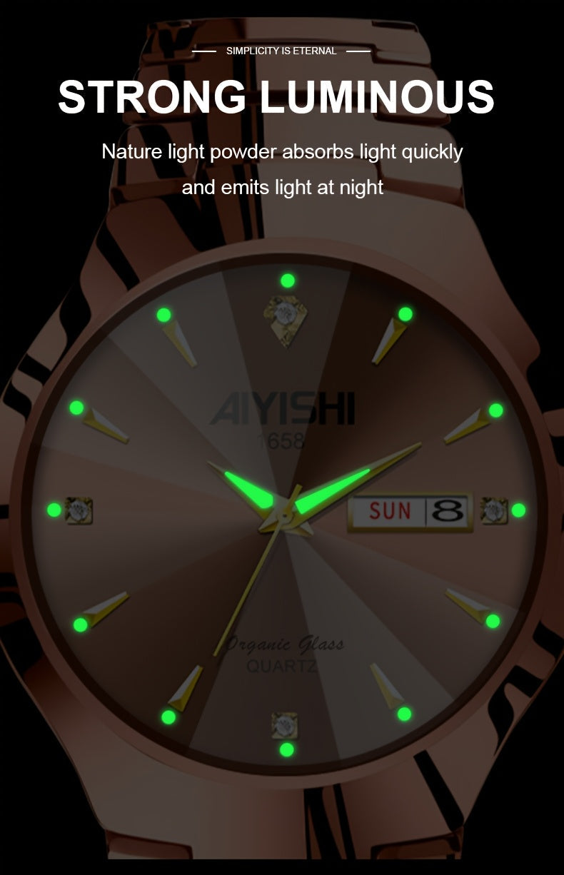 Men's Luxury Quartz Wristwatch with Double Calendar and Luminous Hands – Elegant Business Stainless Steel Watch for Men, Classic Gold Black White Dial, Perfect Gift for Him Birthday Anniversary