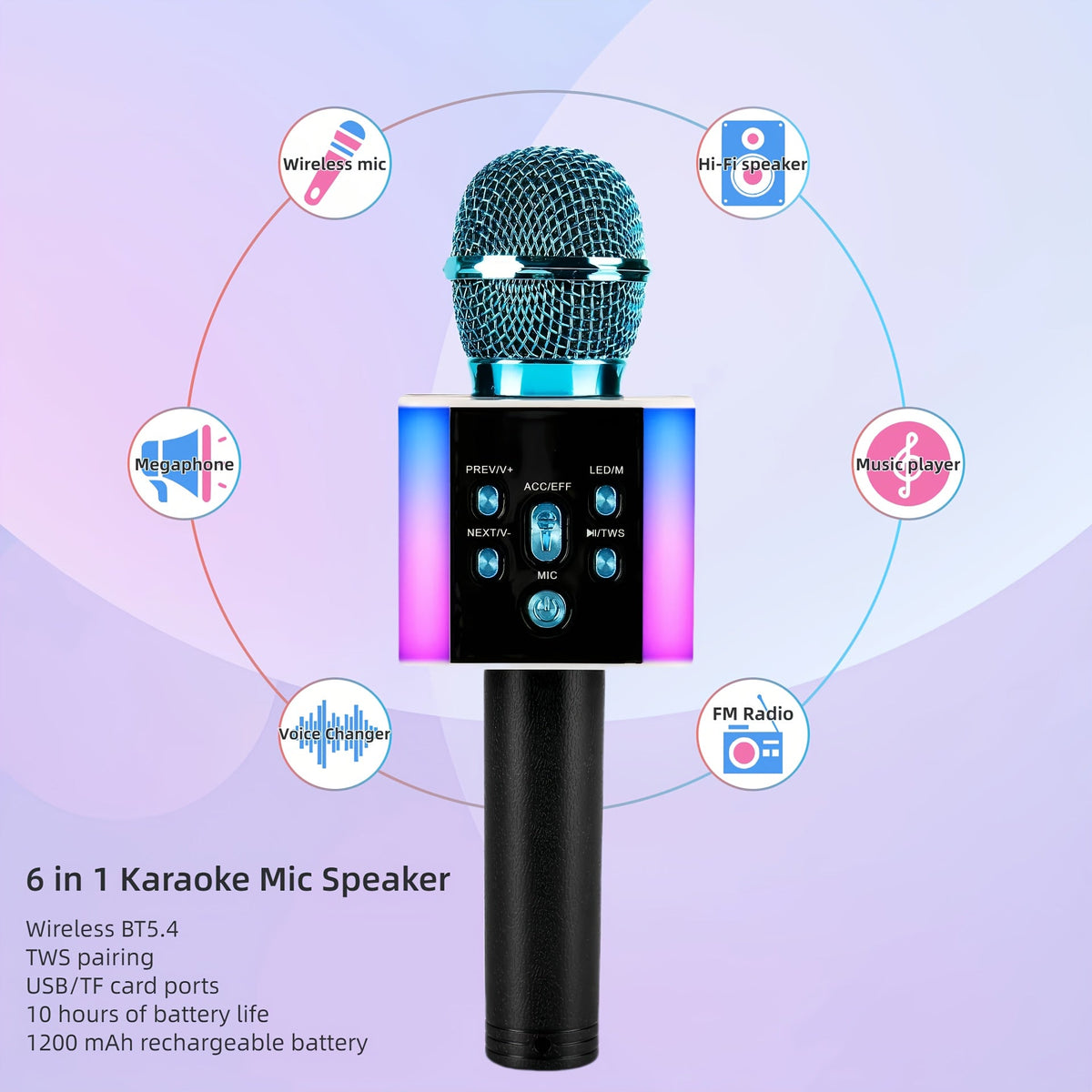 5-in-1 Wireless Karaoke Microphone with Built-In Speaker, LED Lights & Voice Changer – Portable Bluetooth Singing Mic for Parties, Family Gatherings, Travel & Outdoor Fun, 10 Colors