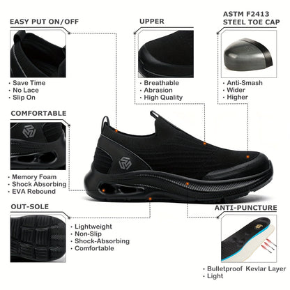 Steel Toe Work Shoes for Men Slip-On Lightweight Safety Sneakers Puncture-Resistant Non-Slip Loafers Black Grey Blue Sizes US 5.5-14