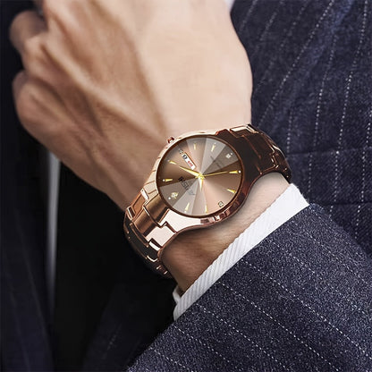 Men's Luxury Quartz Wristwatch with Double Calendar and Luminous Hands – Elegant Business Stainless Steel Watch for Men, Classic Gold Black White Dial, Perfect Gift for Him Birthday Anniversary