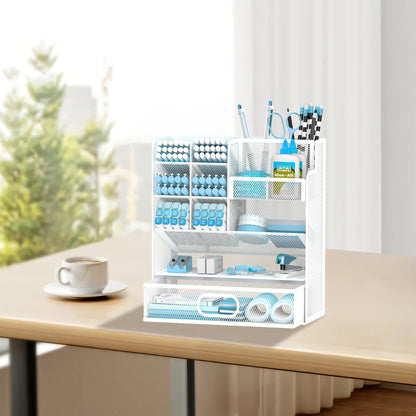 Mesh Desk Organizer with Drawer & Pen Holder – Pencil Cup Storage for Office, School & Art Studio, Breathable Mesh Design, Available in Black, Yellow & Blue