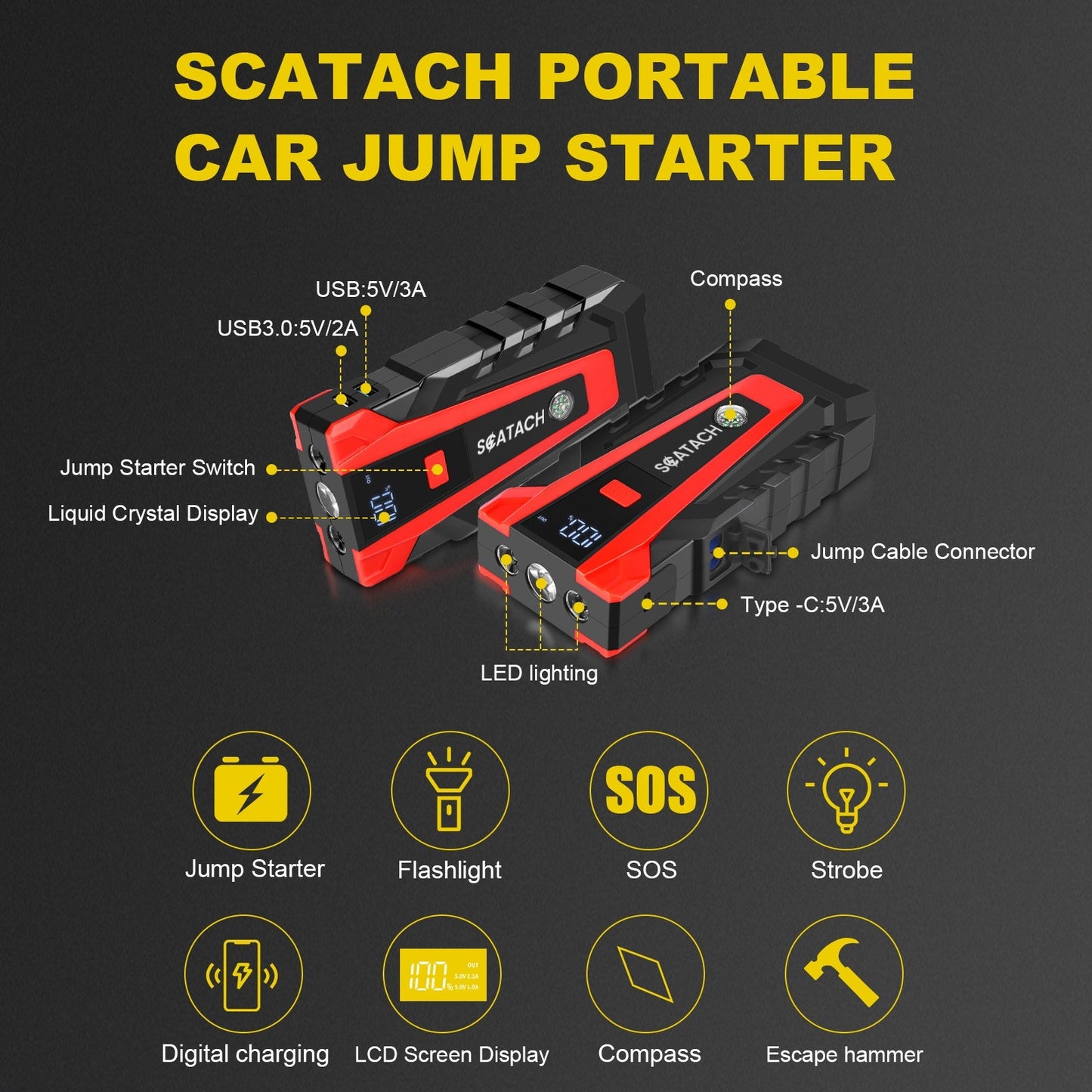 Car Jump Starter with Air Pump & Digital Tire Pressure Gauge – 12V Portable Emergency Starter for Cars, Trucks, SUV, RV & Motorcycles, LED Display, SOS Light & Window Breaker