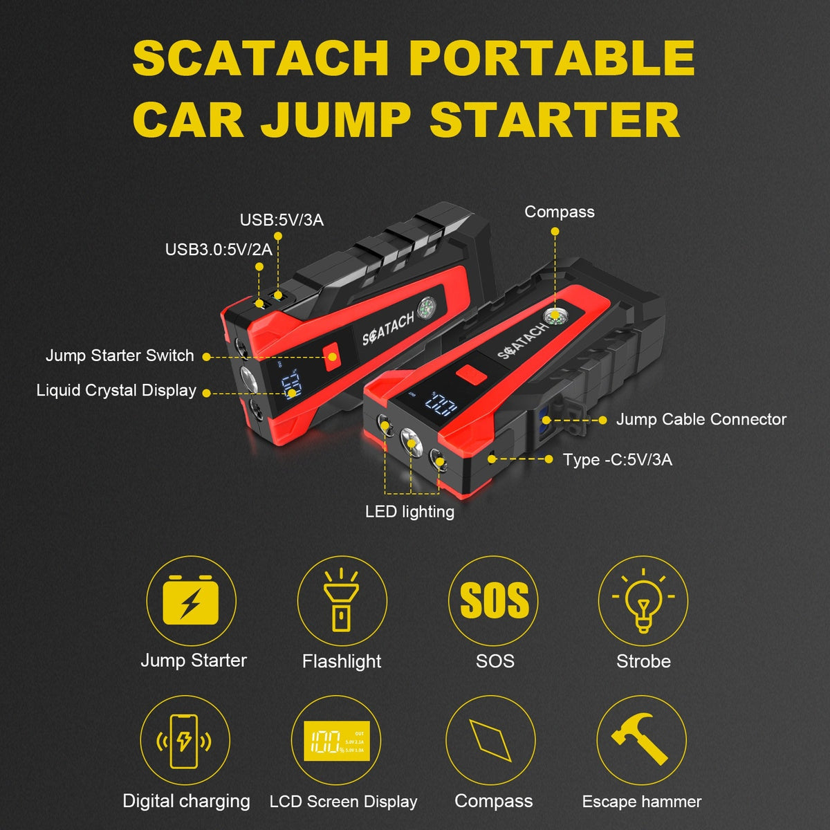Car Jump Starter with Air Pump & Digital Tire Pressure Gauge – 12V Portable Emergency Starter for Cars, Trucks, SUV, RV & Motorcycles, LED Display, SOS Light & Window Breaker