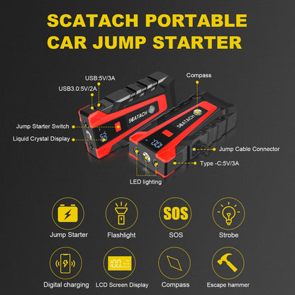 Car Jump Starter with Air Pump & Digital Tire Pressure Gauge – 12V Portable Emergency Starter for Cars, Trucks, SUV, RV & Motorcycles, LED Display, SOS Light & Window Breaker