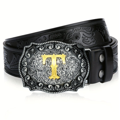 Western Cowboy Belt for Men & Women Embossed Floral Faux Leather – Longhorn Bull Pattern Big Buckle Zinc Alloy, Sizes 34-44, Stylish Durable Country Western Dress Belt Gift for Christmas Father's Day